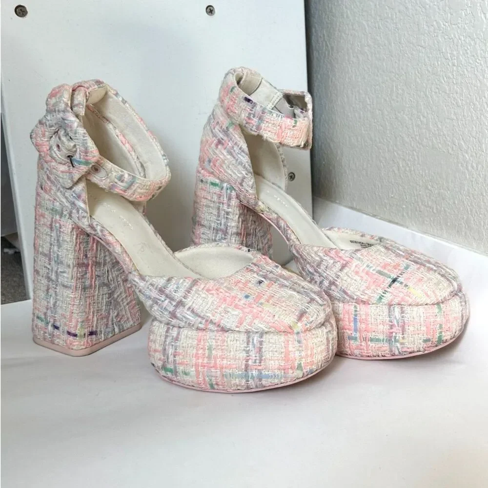 Charles & Keith Multi-Color Tweed D'Orsay Platform Chunky Block Heel Pumps